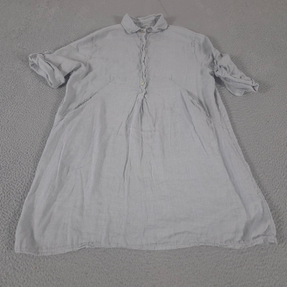 Elena Baldi Dress Womens Medium Grey Popover Tunic Linen Roll Tab Sleeve Pockets